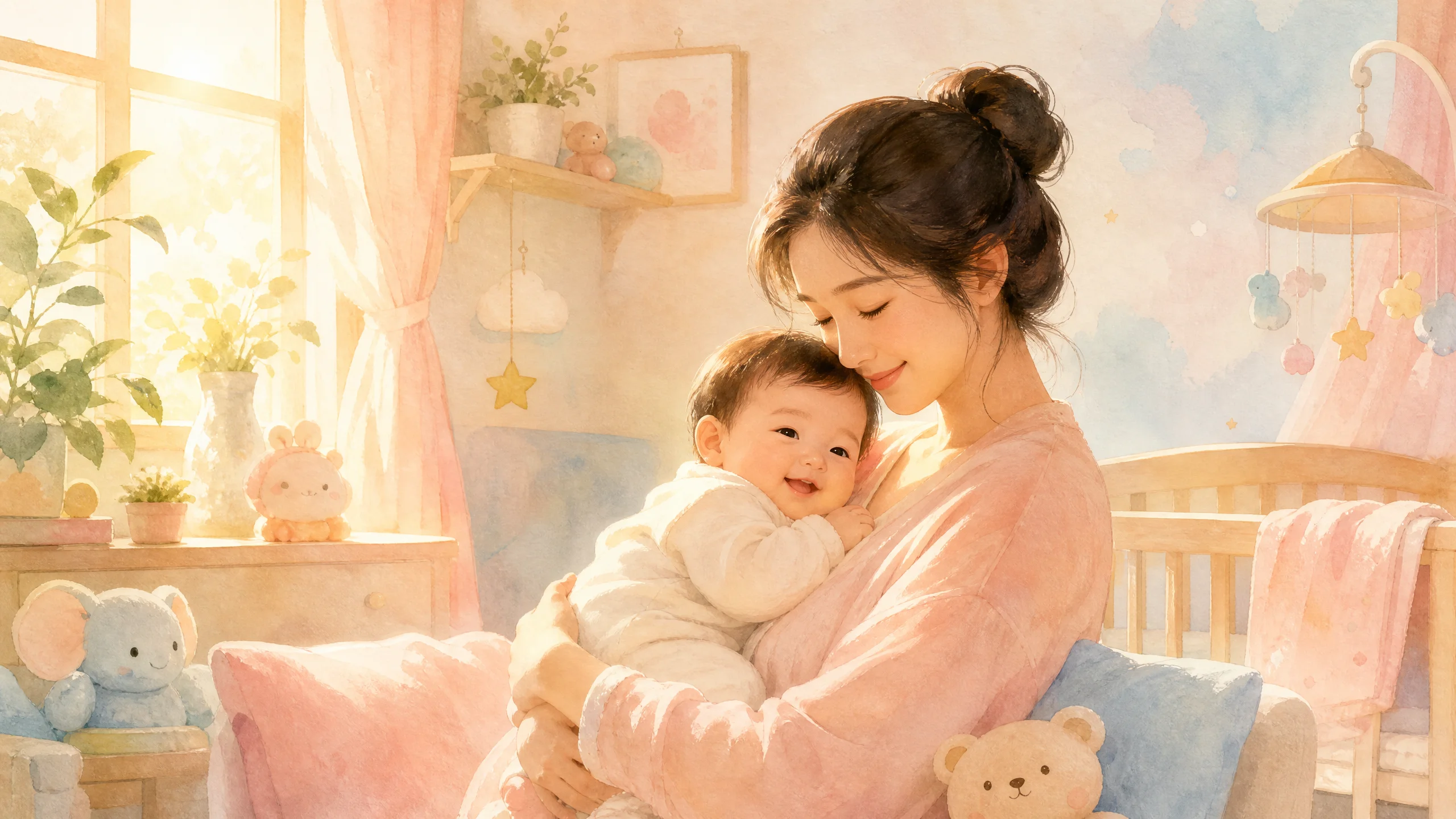 温馨的母婴亲子时光插画